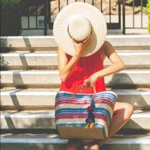 Raffia- straw Tote | Large Beach Bag with Pom Pom